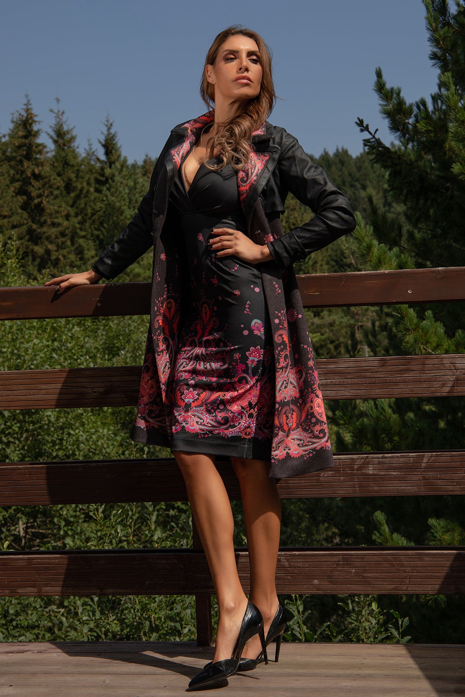 TRENCH COAT WITH LEATHER SLEEVES - FUCHSIA DOTS