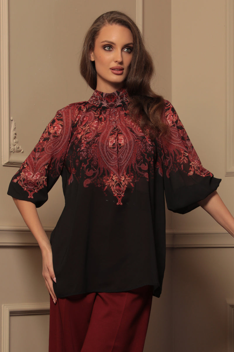 SHIRT WITH STATEMENT SLEEVES - PAISLEY DARK JIORO РИЗА С БОГАТИ РЪКАВИ - PAISLEY DARK JIORO