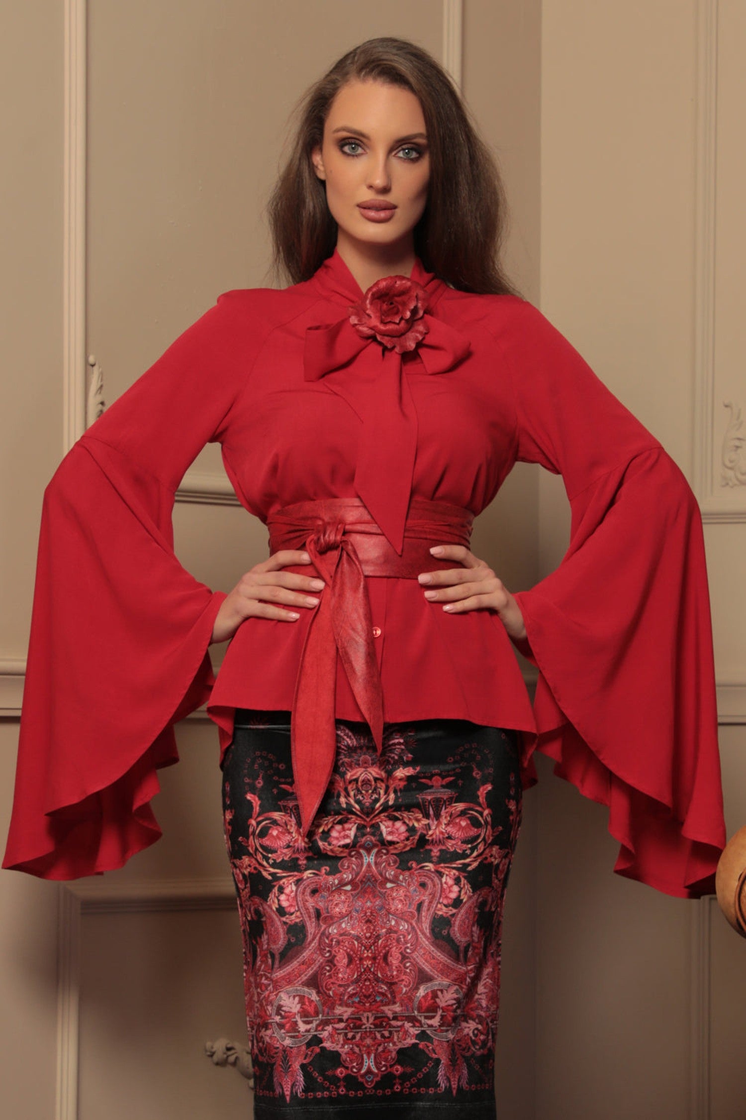 RED VISCOSE BLOUSE WITH FLARED SLEEVES - ESSENTIALS