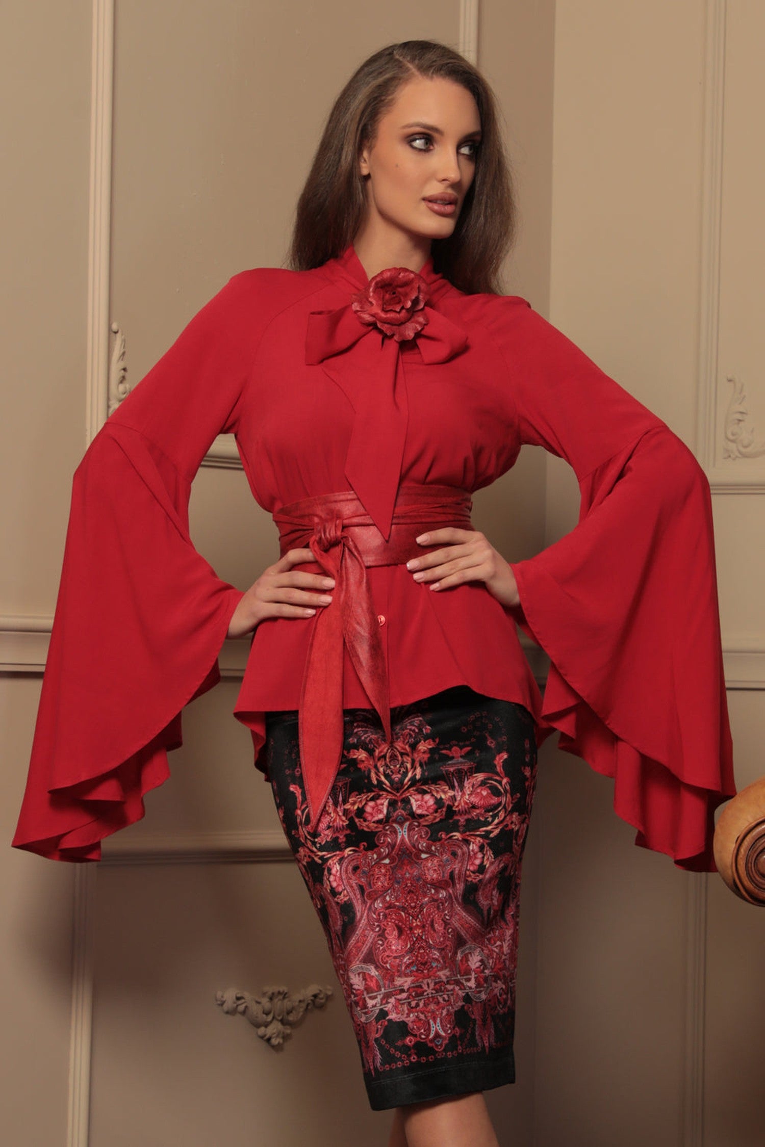 RED VISCOSE BLOUSE WITH FLARED SLEEVES - ESSENTIALS