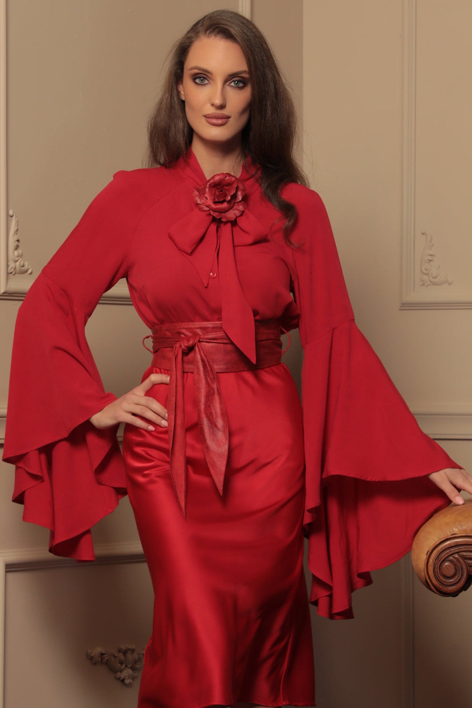 RED VISCOSE BLOUSE WITH FLARED SLEEVES - ESSENTIALS