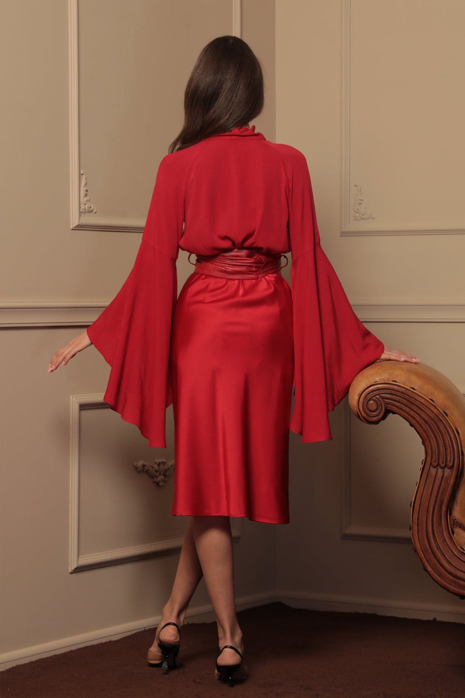 RED VISCOSE BLOUSE WITH FLARED SLEEVES - ESSENTIALS