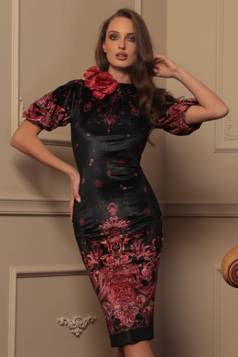 FITTED VELVET DRESS WITH HIGH NECK - PAISLEY DARK JIORO ВТАЛЕНА РОКЛЯ ОТ КАДИФЕ С ВИСОКА ЯКА - PAISLEY DARK JIORO