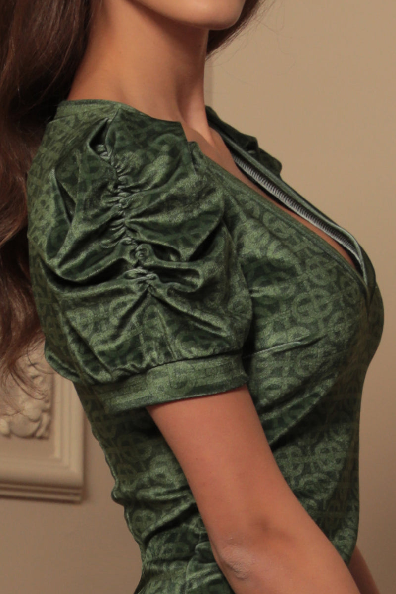 VELVET DRESS WITH PUFF SLEEVES - EMERALD GREEN LOGO