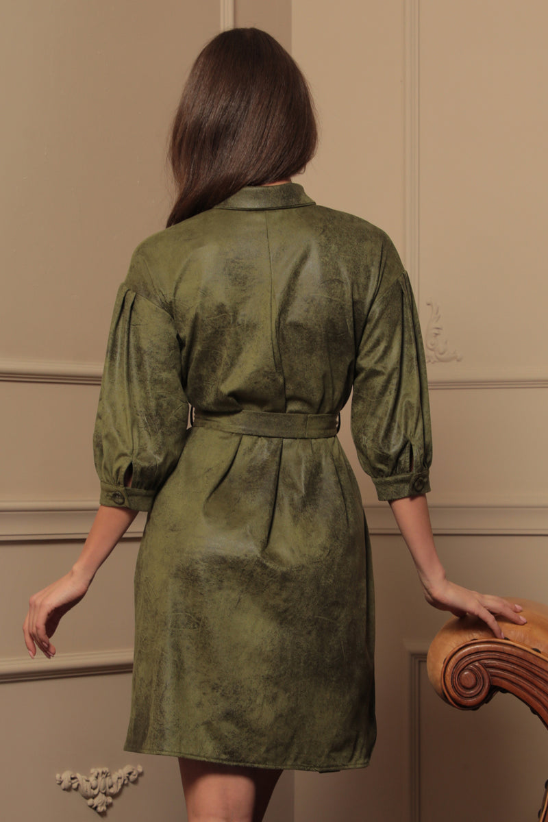 SUEDE-LOOK SHIRT DRESS IN OLIVE GREEN - ESSENTIALS