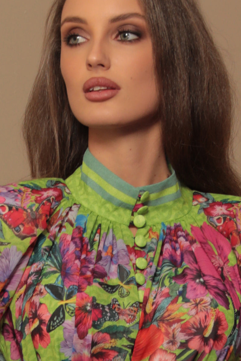 ШИФОНЕНА РОКЛЯ С ОБЕМЕН РЪКАВ - ACID GREEN LOGO