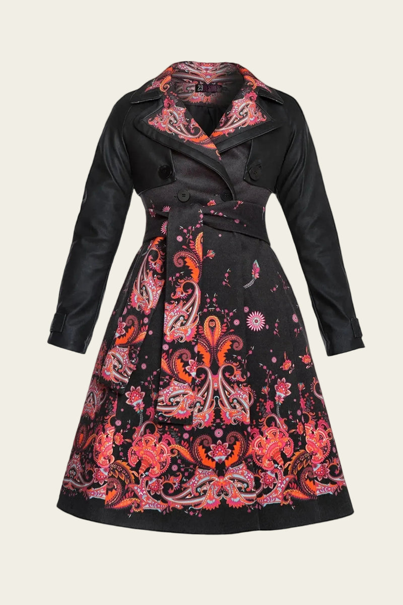 TRENCH COAT WITH LEATHER SLEEVES - FUCHSIA DOTS JIORO  ТРЕНЧ ПАЛТО С КОЖЕНИ РЪКАВИ - FUCHSIA DOTS