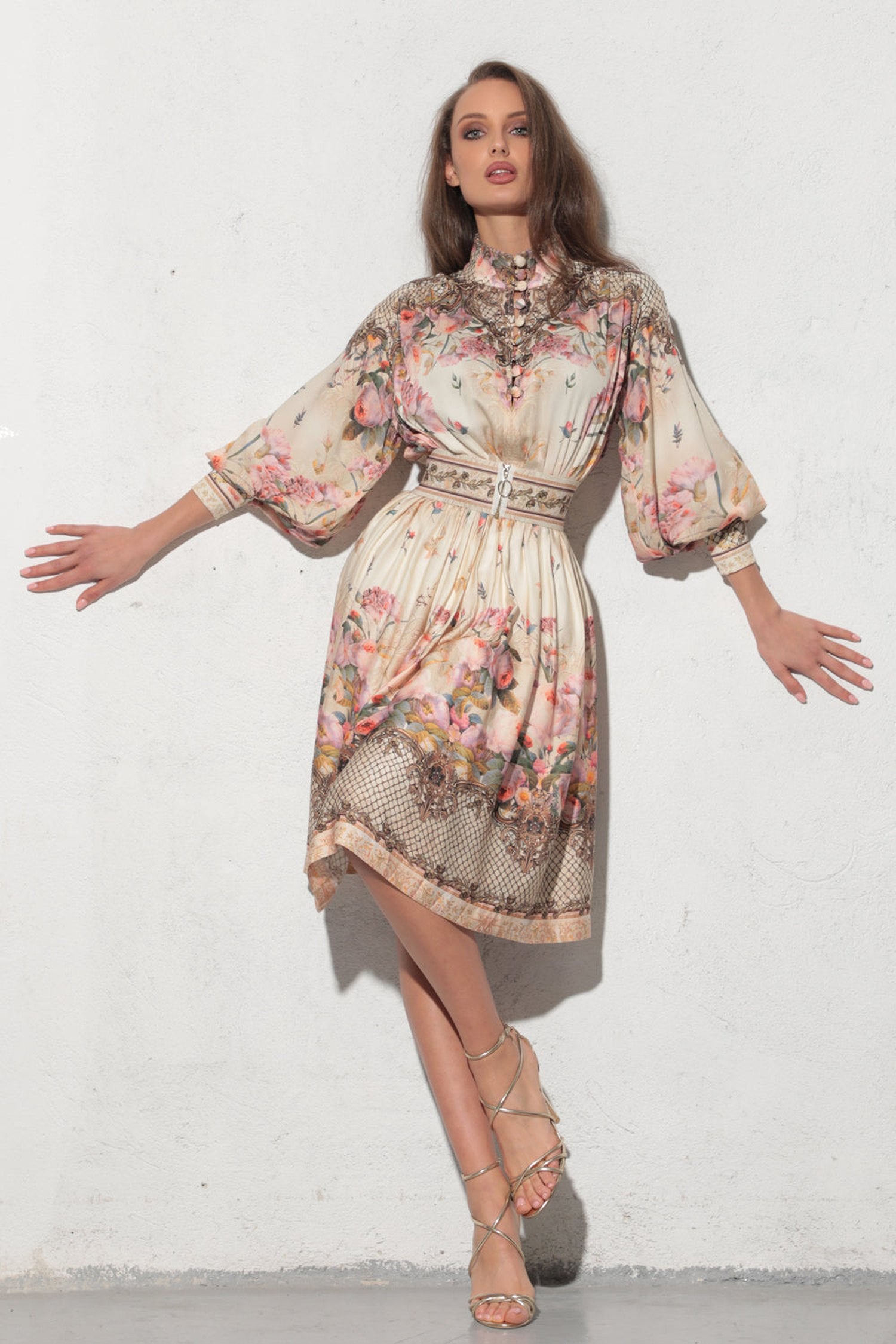 BOHO LONG-SLEEVE VISCOSE DRESS - BAROQUE FLOWERS