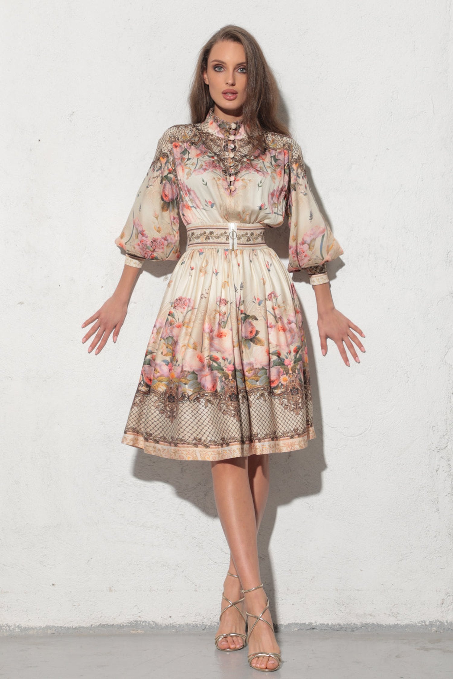 BOHO LONG-SLEEVE VISCOSE DRESS - BAROQUE FLOWERS