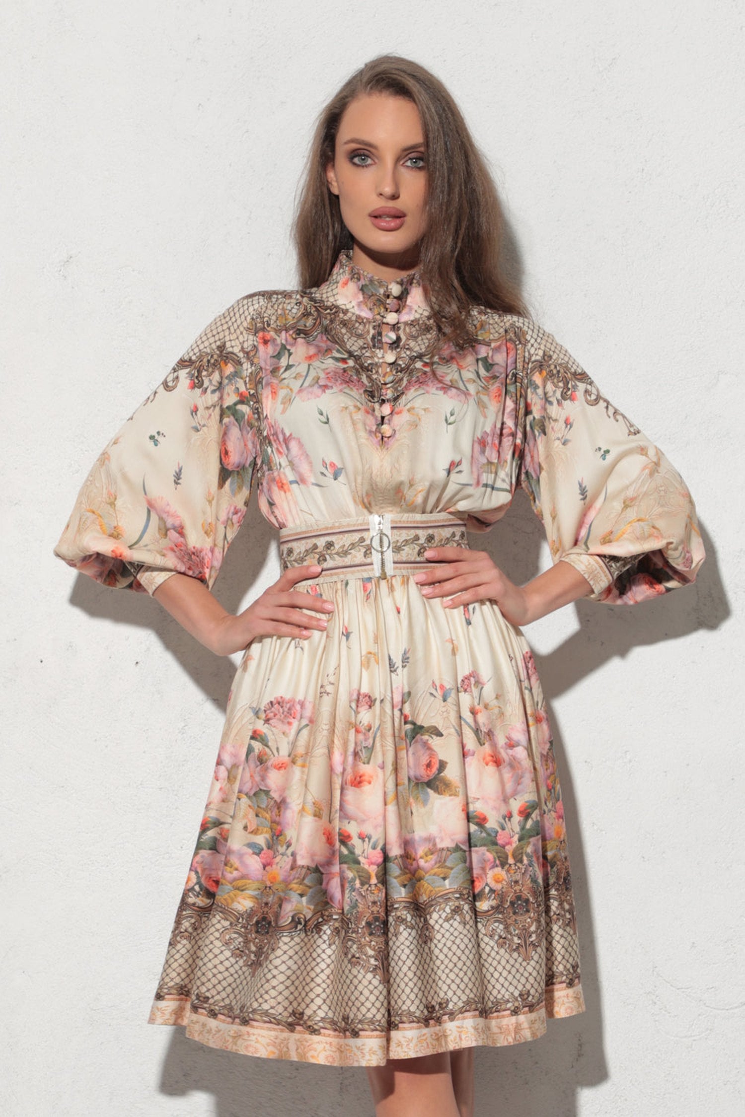 BOHO LONG-SLEEVE VISCOSE DRESS - BAROQUE FLOWERS