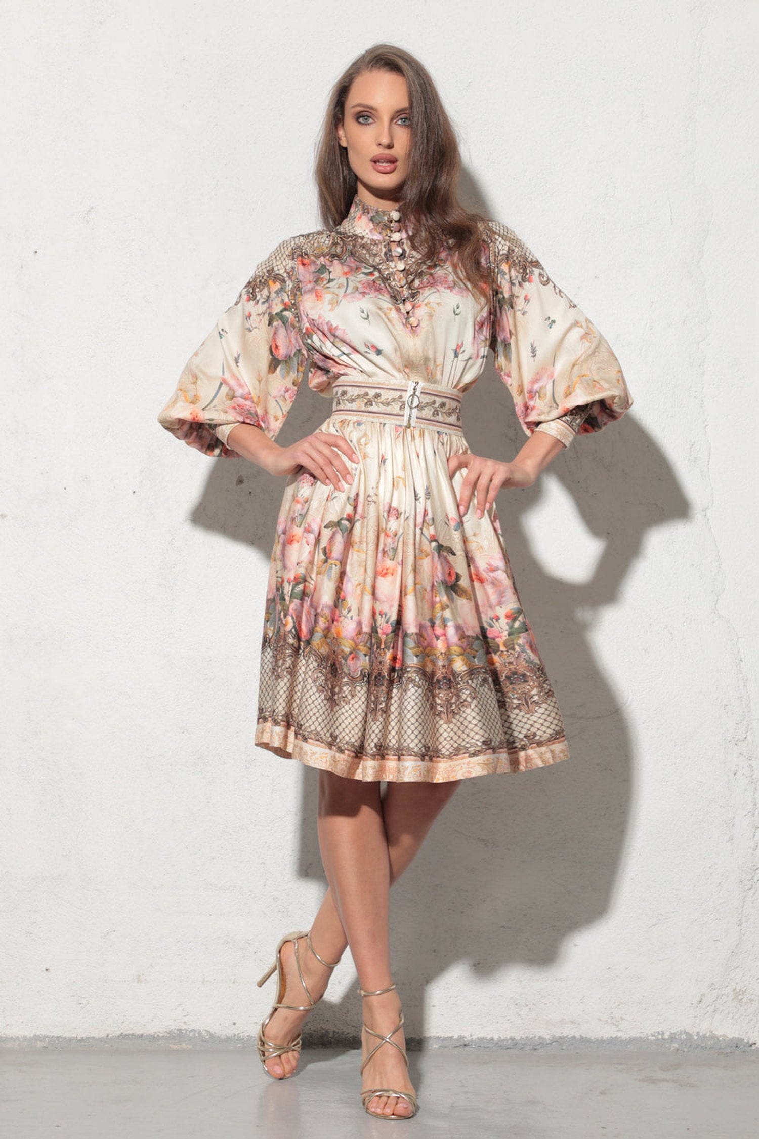 BOHO LONG-SLEEVE VISCOSE DRESS - BAROQUE FLOWERS