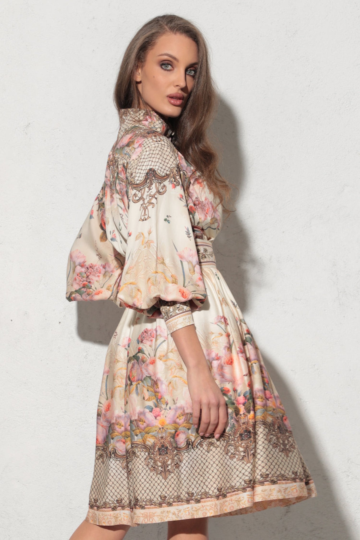 BOHO LONG-SLEEVE VISCOSE DRESS - BAROQUE FLOWERS