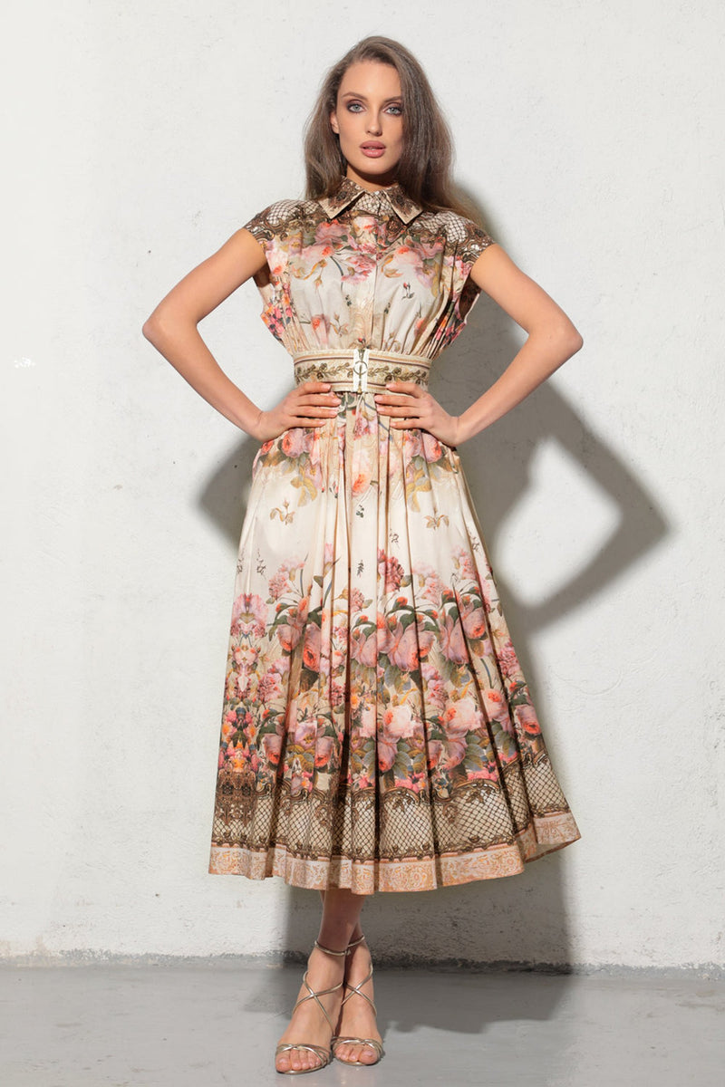 LONG POPLIN DRESS WITH DETACHABLE BELT - BAROQUE FLOWERS