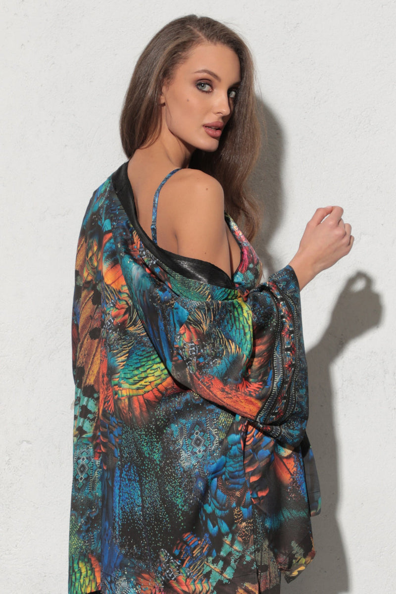 CROPPED VISCOSE KIMONO WITH ELASTIC BELT- AMAZONIA