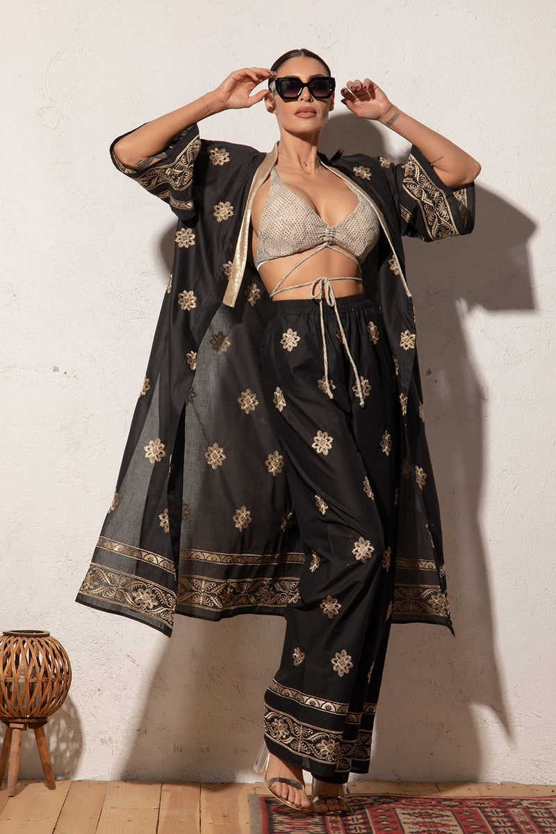 КИМОНО СЪС ЗЛАТНИ БРОДЕРИИ В ЧЕРЕН ПОПЛИН - ESSENTIALS