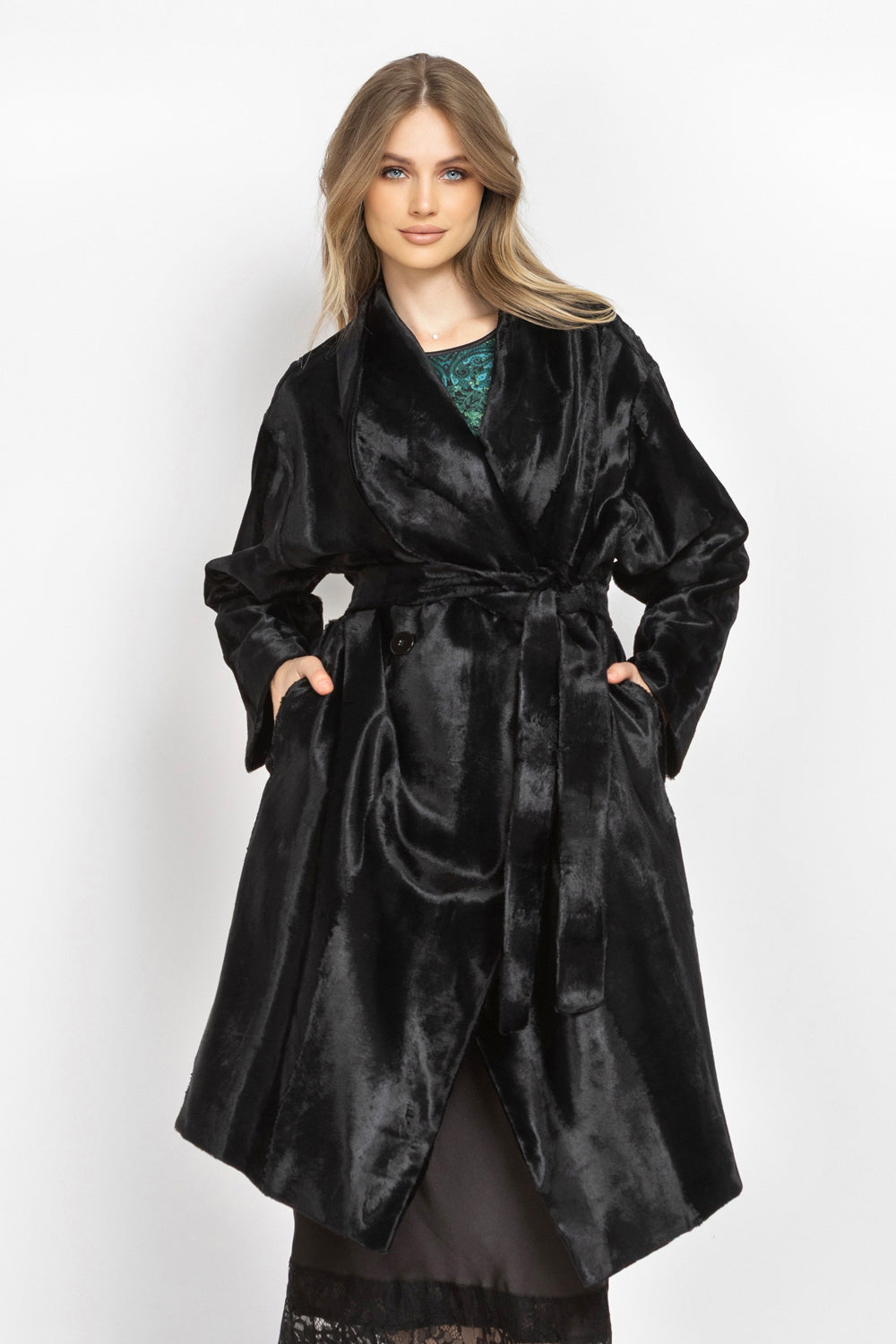 BLACK FAUX MINK SHAWL-COLLAR COAT – ESSENTIALS