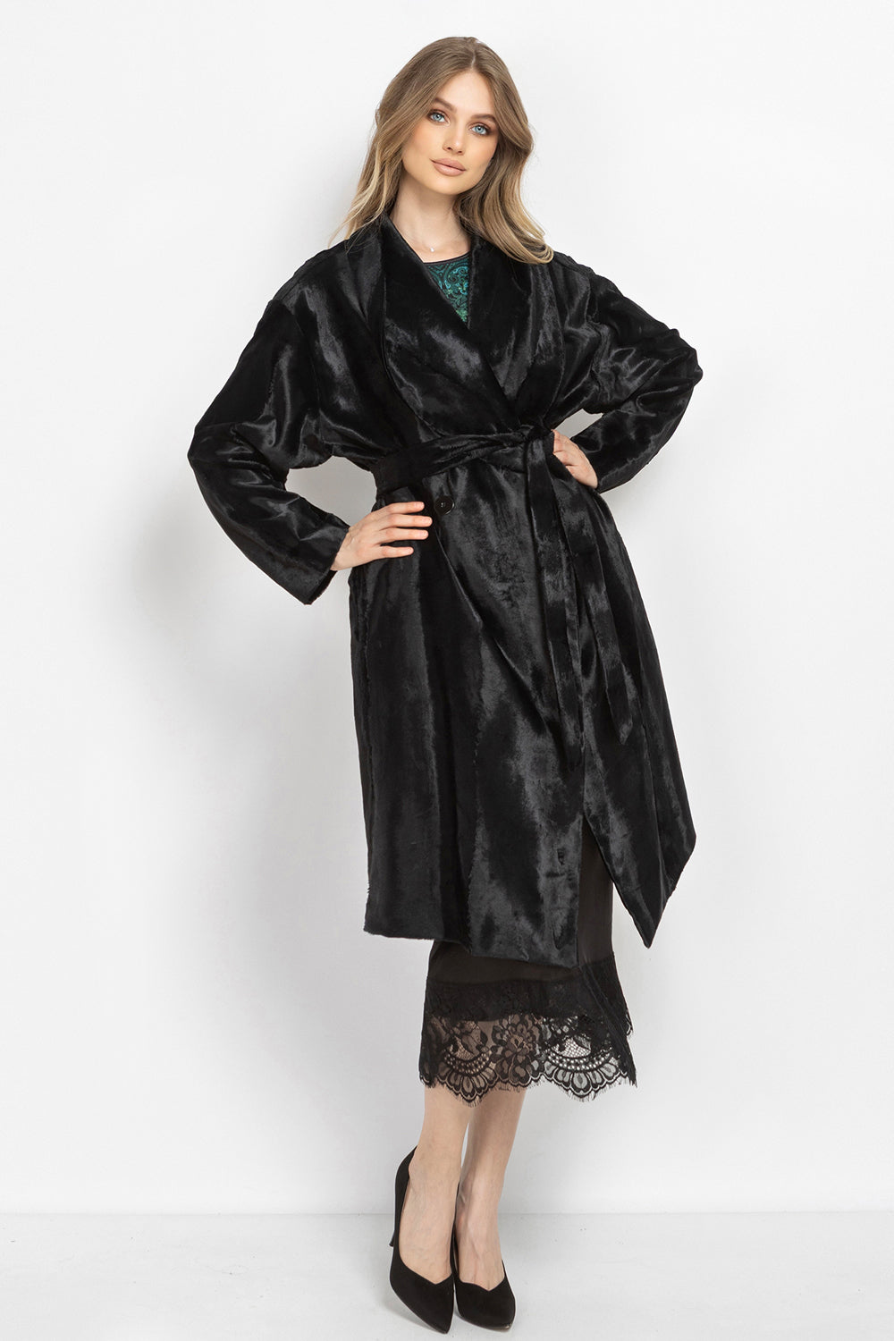 BLACK FAUX MINK SHAWL-COLLAR COAT – ESSENTIALS