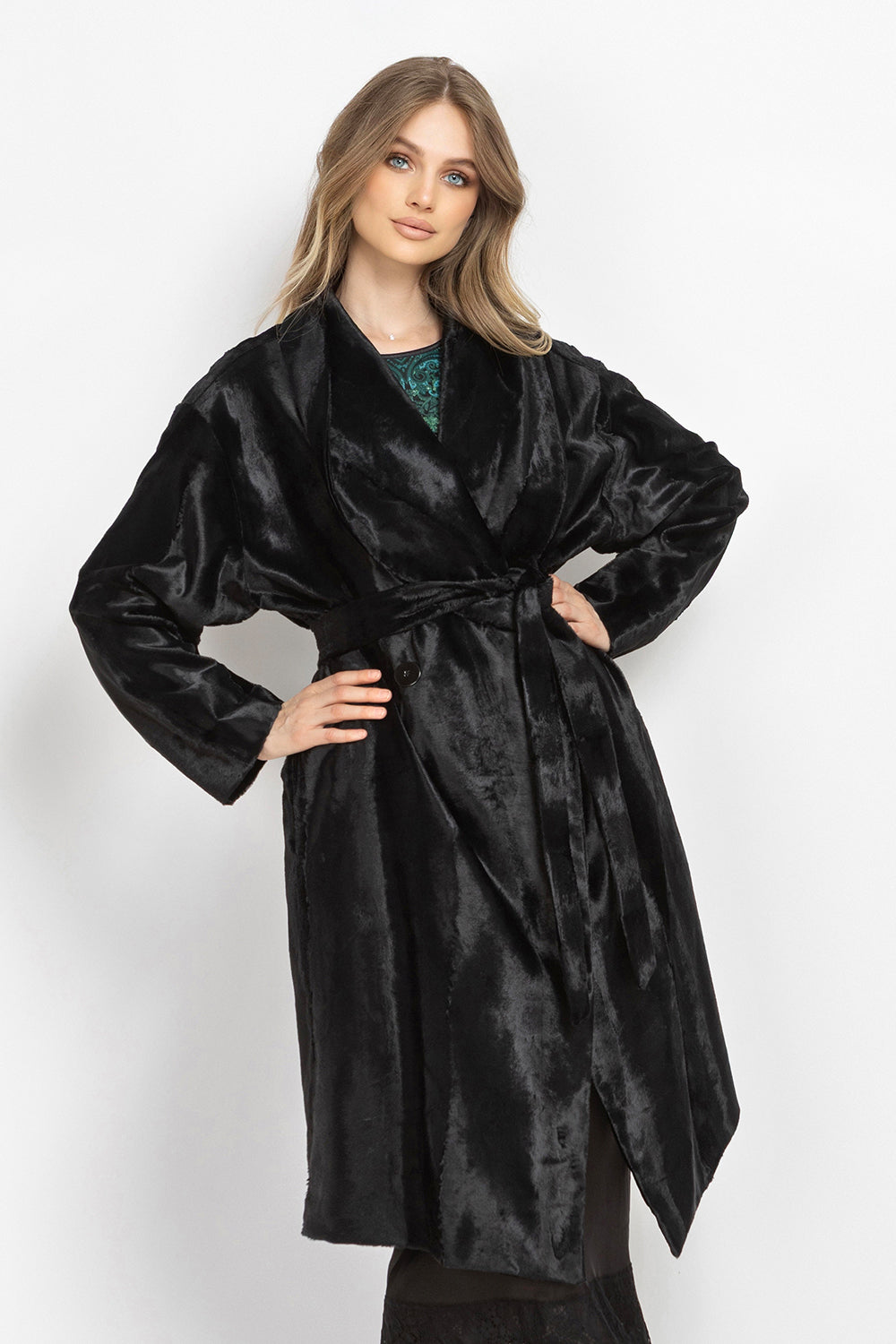 BLACK FAUX MINK SHAWL-COLLAR COAT – ESSENTIALS