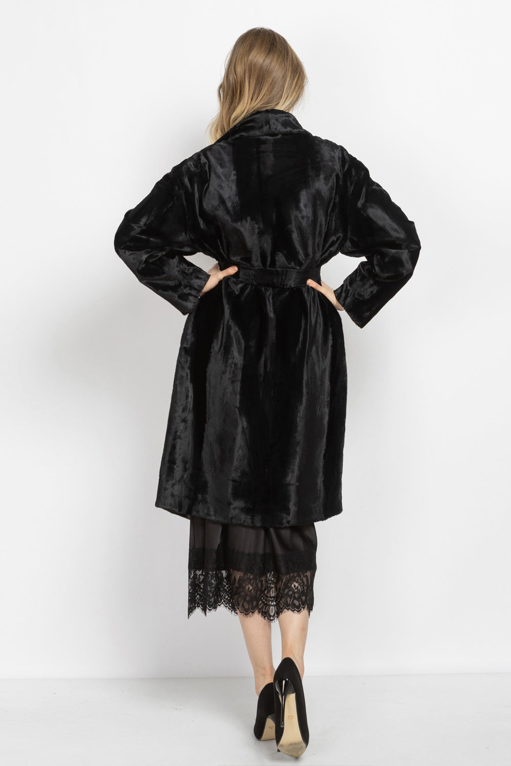 BLACK FAUX MINK SHAWL-COLLAR COAT – ESSENTIALS