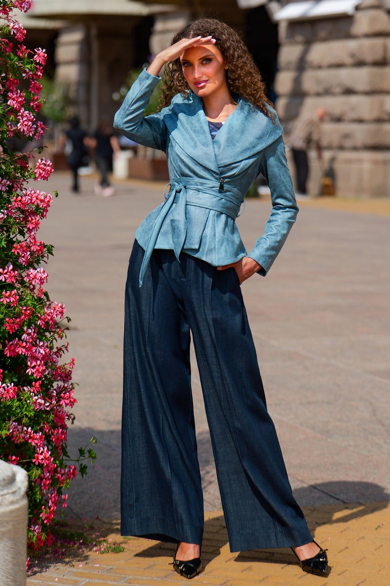 SUEDE-LOOK BLAZER WITH ASYMMETRICAL CLOSURE  IN BLUE - ESSENTIALS JIORO БЛЕЙЗЕР С ШАЛ ЯКА ОТ ВЕЛУР В АЗУРНО СИНЬО - ESSENTIALS JIORO