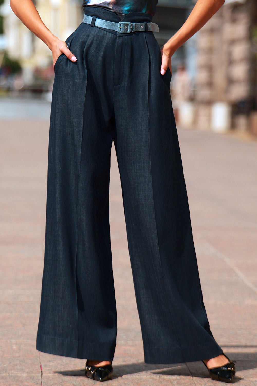 TENCEL DENIM PANTS WITH HIGH WAIST AND WIDE LEG - ESSENTIALS