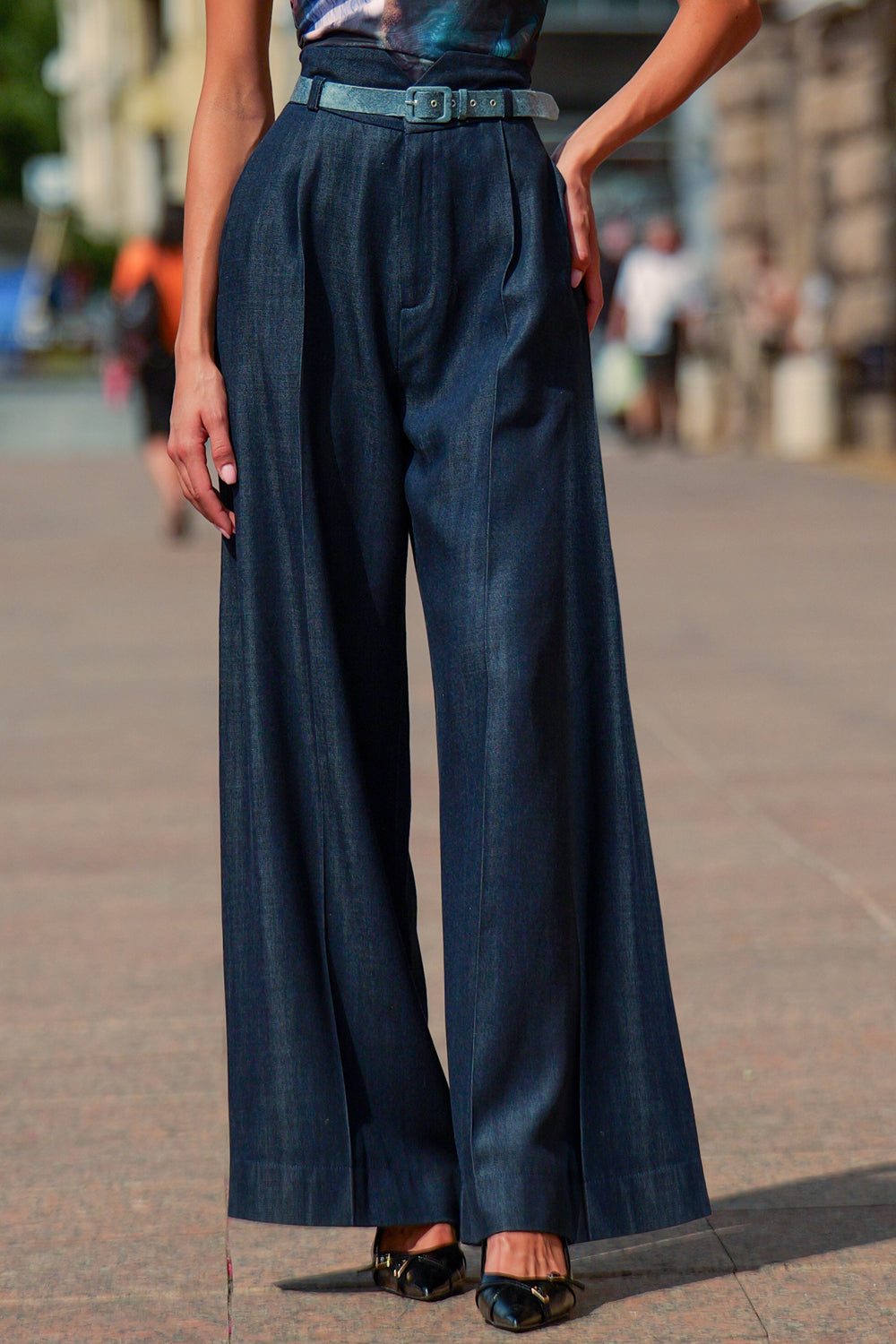 TENCEL DENIM PANTS WITH HIGH WAIST AND WIDE LEG - ESSENTIALS