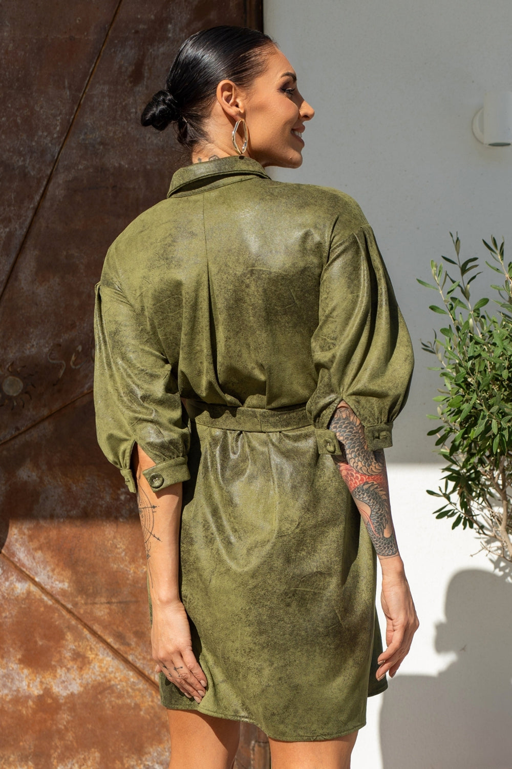 SUEDE-LOOK SHIRT DRESS IN OLIVE GREEN - ESSENTIALS