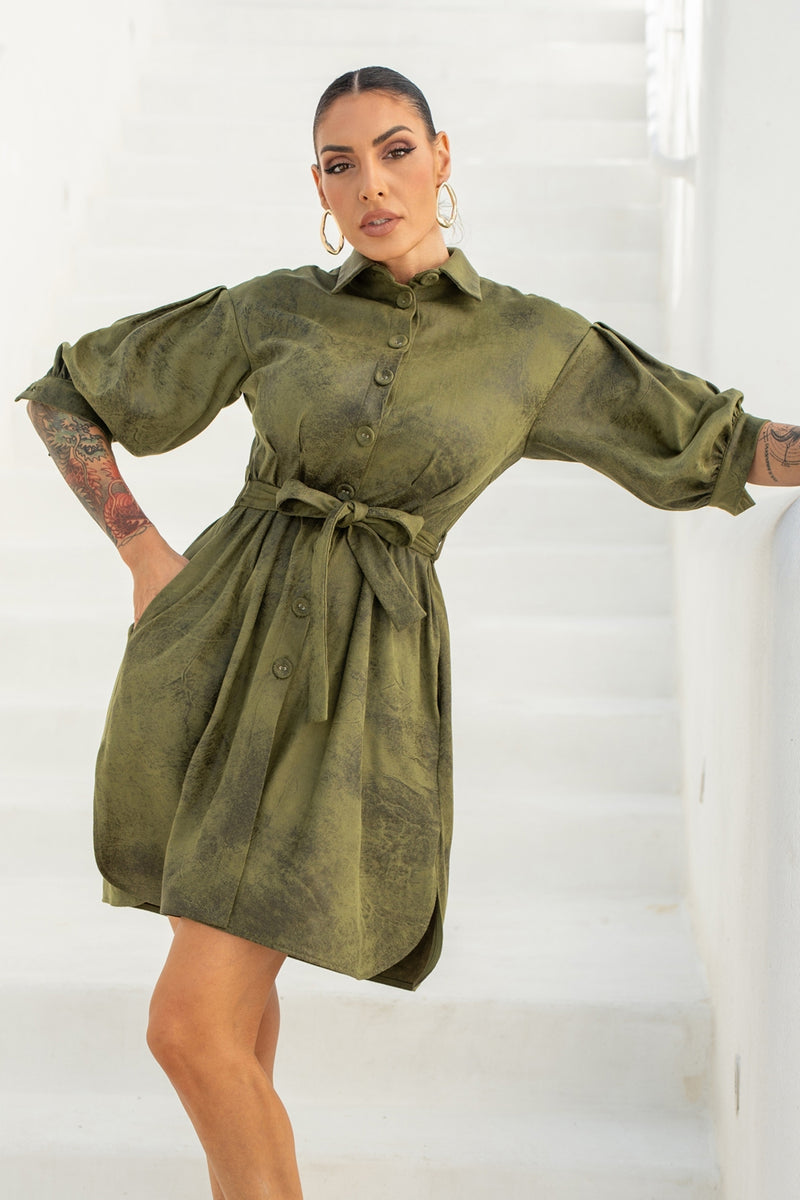 SUEDE-LOOK SHIRT DRESS IN OLIVE GREEN - ESSENTIALS
