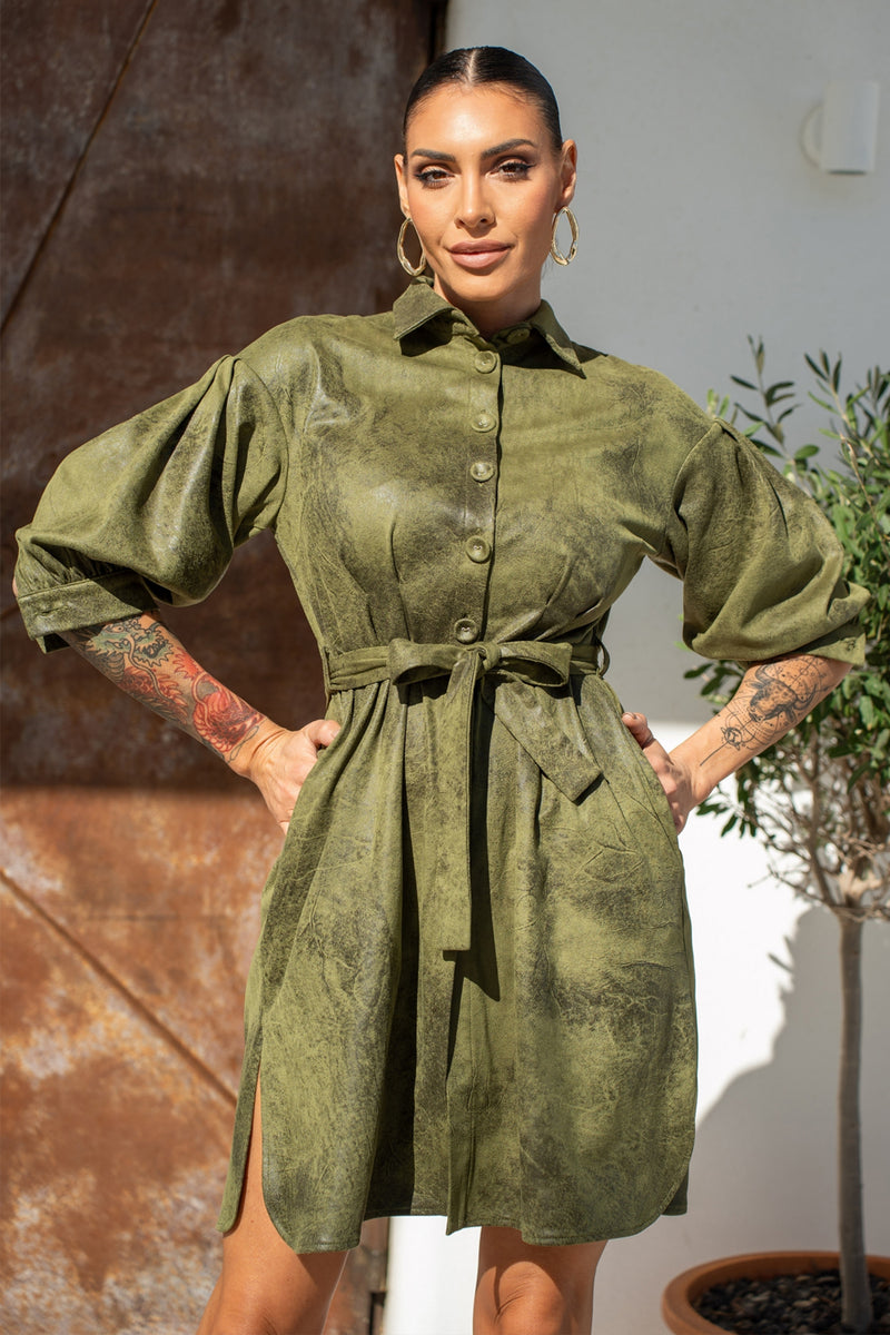 SUEDE-LOOK SHIRT DRESS IN OLIVE GREEN - ESSENTIALS