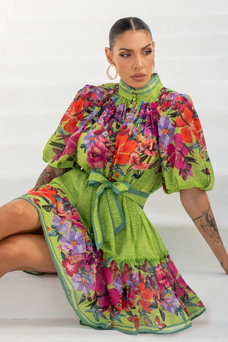 ШИФОНЕНА РОКЛЯ С ОБЕМЕН РЪКАВ - ACID GREEN LOGO