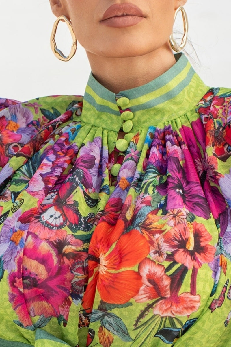 ШИФОНЕНА РОКЛЯ С ОБЕМЕН РЪКАВ - ACID GREEN LOGO