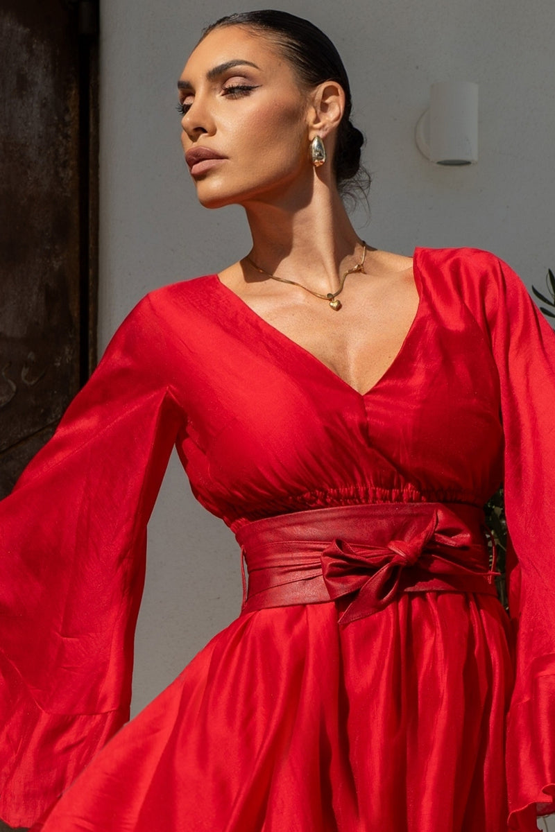 КЪСА БОХО РОКЛЯ ОТ ТЕНСЕЛ С  ГОЛ ГРЪБ В ЧЕРВЕНО - ESSENTIALS