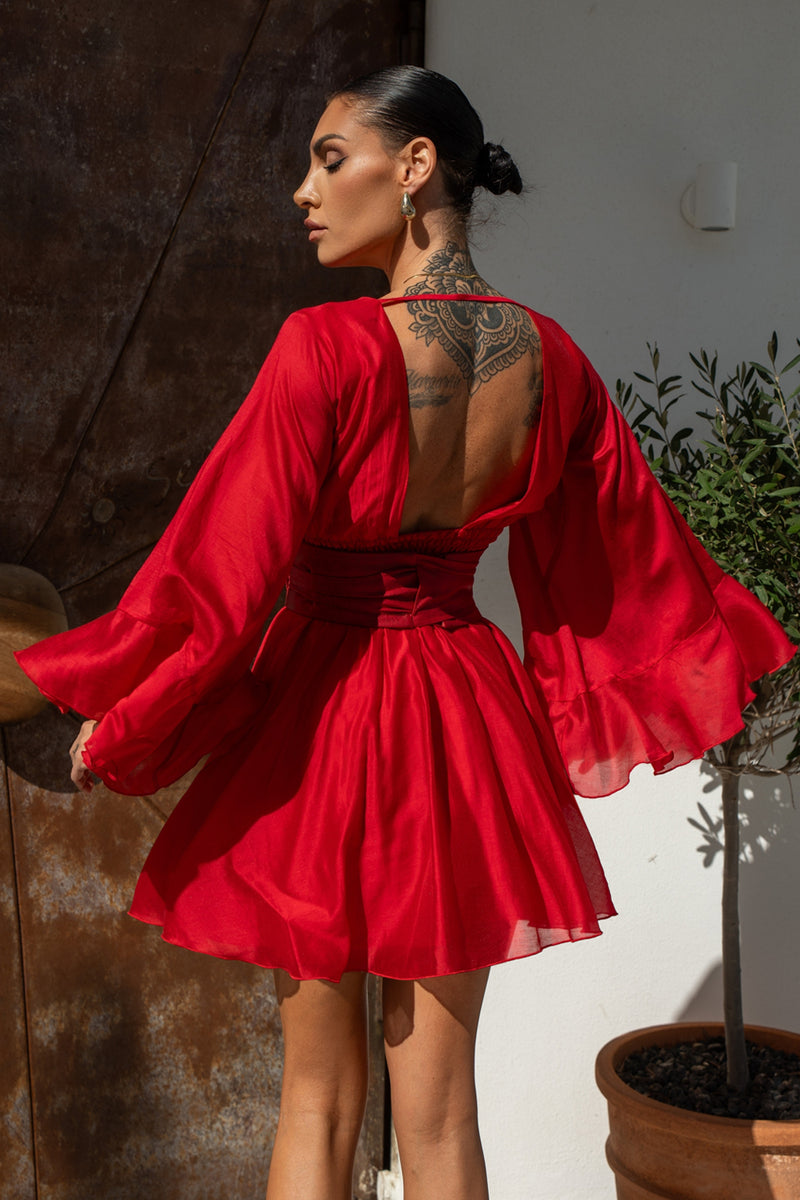 КЪСА БОХО РОКЛЯ ОТ ТЕНСЕЛ С  ГОЛ ГРЪБ В ЧЕРВЕНО - ESSENTIALS