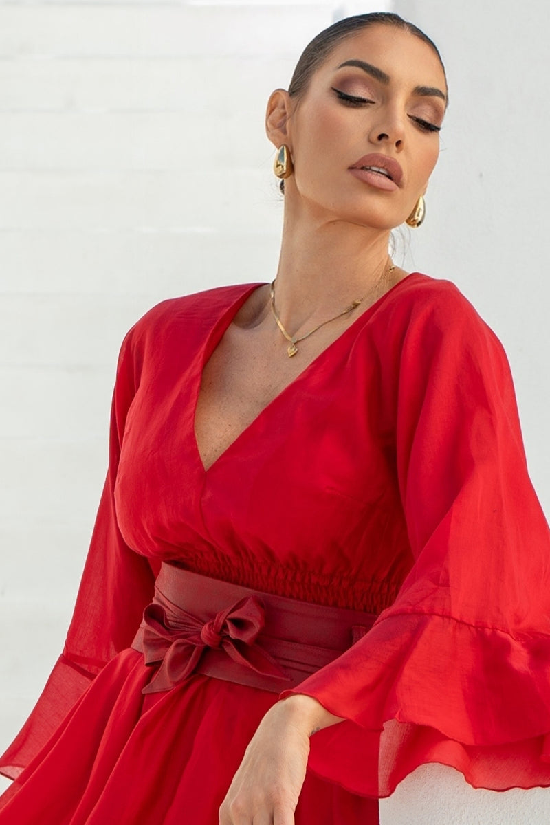 КЪСА БОХО РОКЛЯ ОТ ТЕНСЕЛ С  ГОЛ ГРЪБ В ЧЕРВЕНО - ESSENTIALS