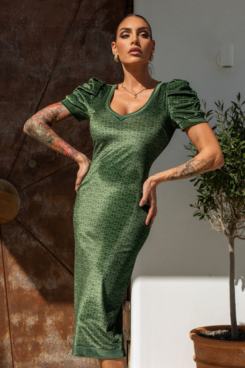 VELVET DRESS WITH PUFF SLEEVES - EMERALD GREEN LOGO
