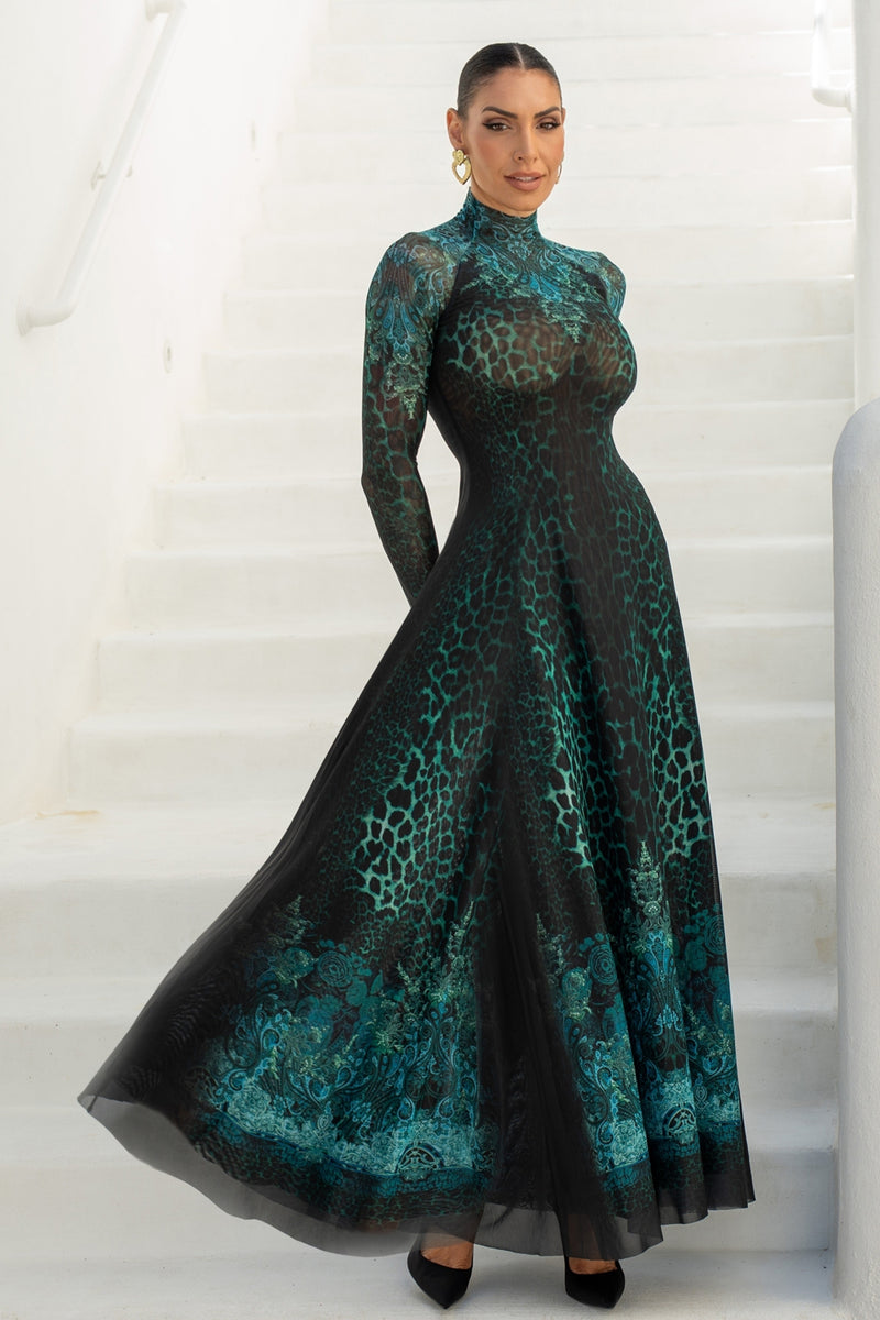 LONG FINE NET DRESS - LEO NEON GREEN JIORO ДЪЛГА РОКЛЯ ОТ ФИНА МРЕЖА - LEO NEON GREEN JIORO