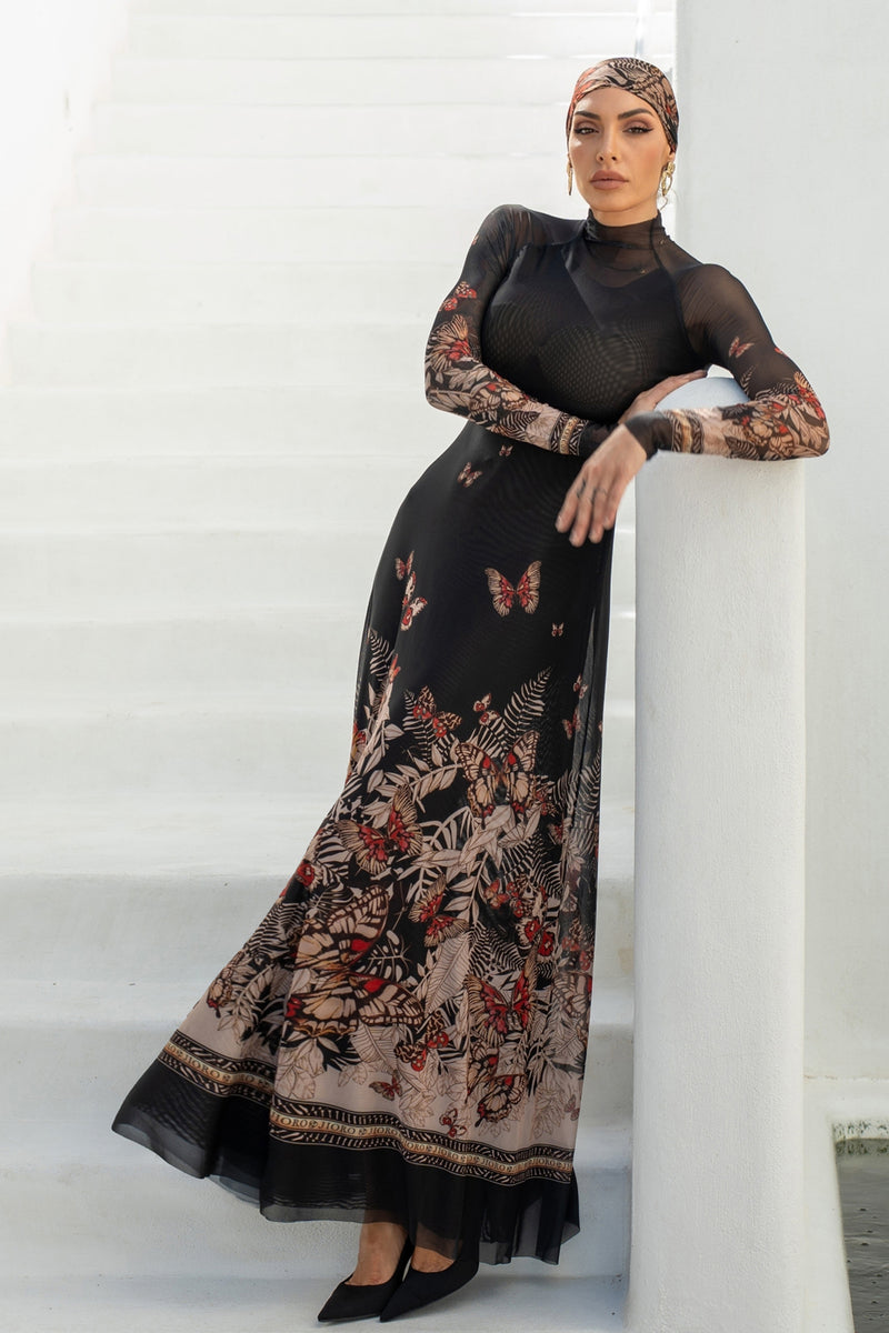 LONG FINE NET DRESS - MIDNIGHT BUTTERFLIES JIORO ДЪЛГА РОКЛЯ ОТ ФИНА МРЕЖА - MIDNIGHT BUTTERFLIES JIORO