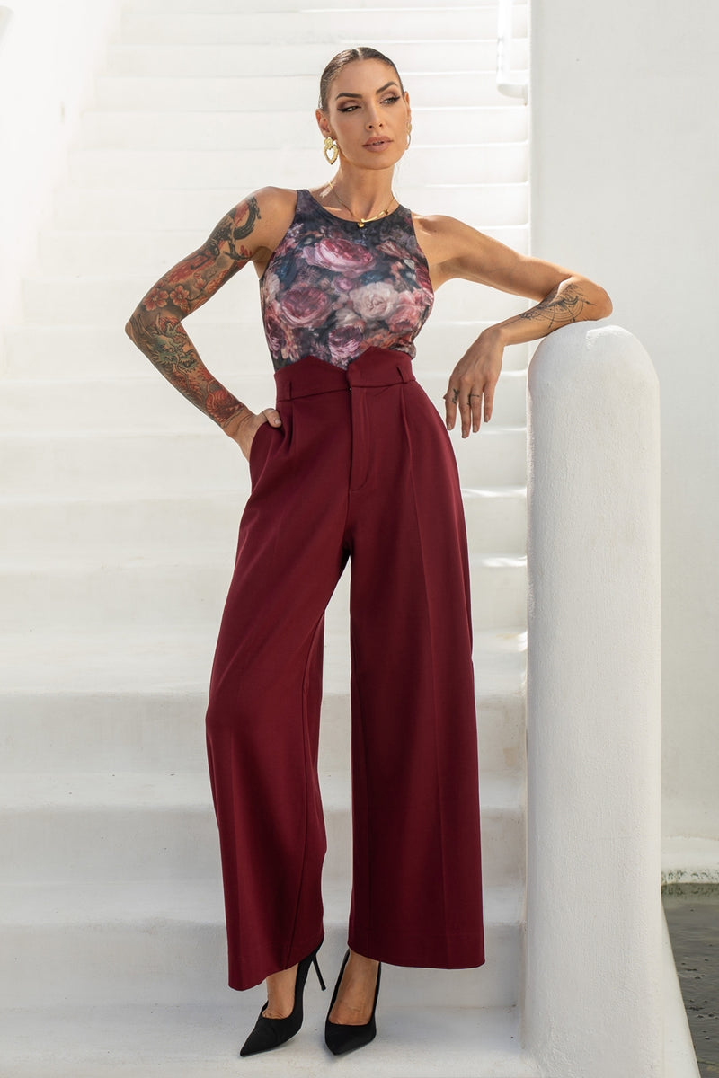 VISCOSE BLEND HIGH-WAISTED BURGUNDY TROUSERS - ESSENTIALS