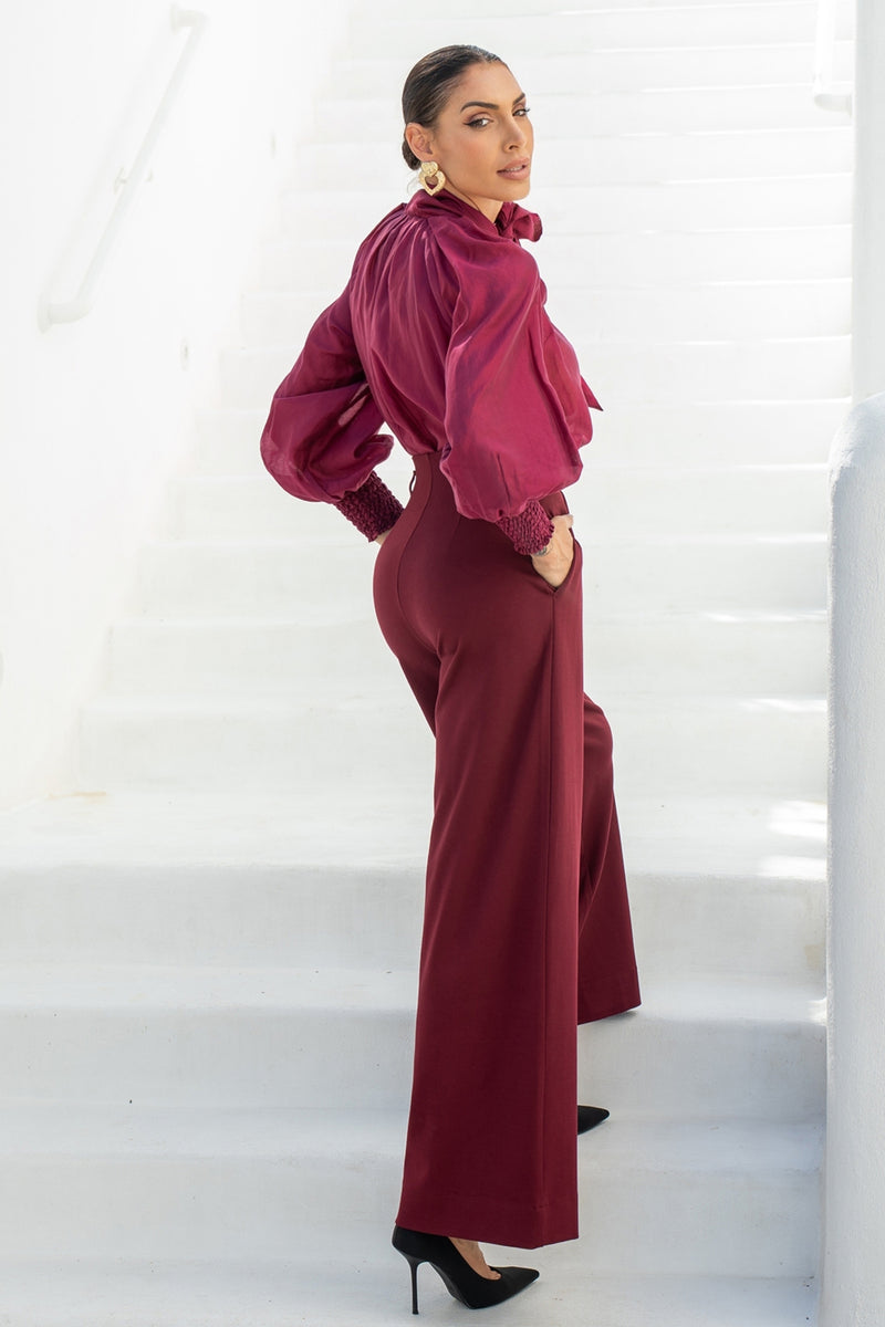 VISCOSE BLEND HIGH-WAISTED BURGUNDY TROUSERS - ESSENTIALS