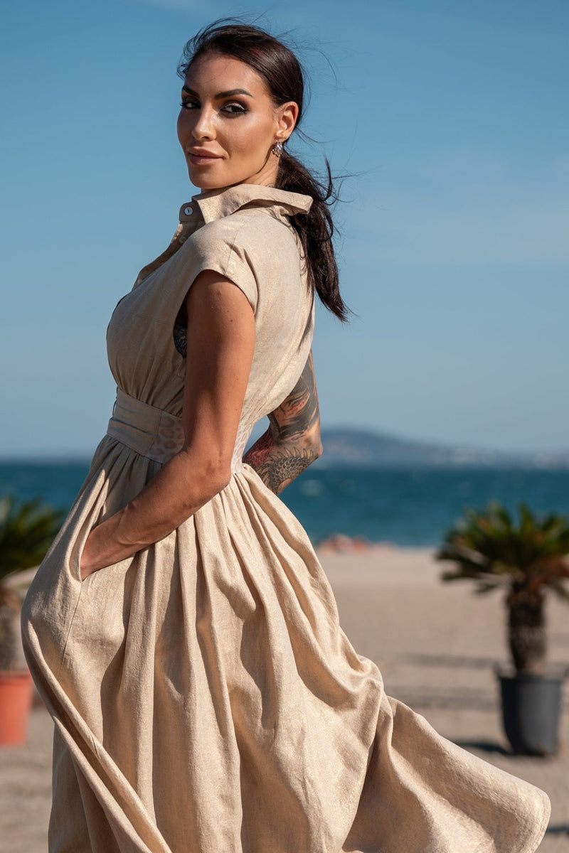 LONG LINEN DRESS WITH DETACHABLE BELT - ESSENTIALS