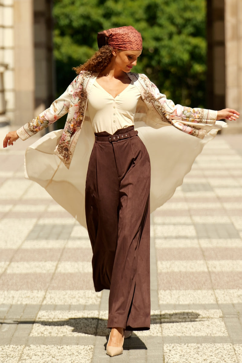HIGH-WAISTED WIDE-LEG PANTS IN SUEDE-EFFECT DARK BROWN - ESSENTIALS JIORO ПАНТАЛОН С ВИСОКА ТАЛИЯ И ШИРОКИ КРАЧОЛИ С ЕФЕКТ НА ВЕЛУР В КАФЯВО - ESSENTIALS JIORO