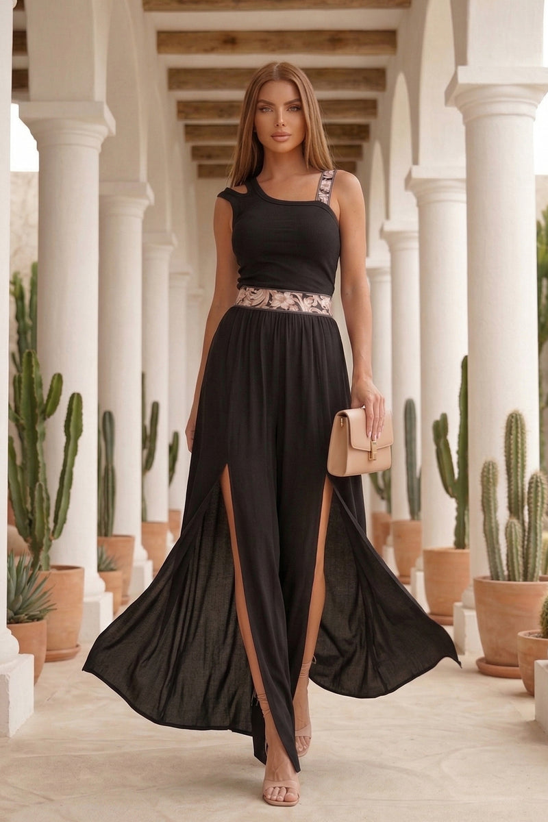 ASYMMETRICAL RIBBED TANK TOP IN BLACK WITH ELASTIC STRAP BAROQUE PEARL - ESSENTIALS