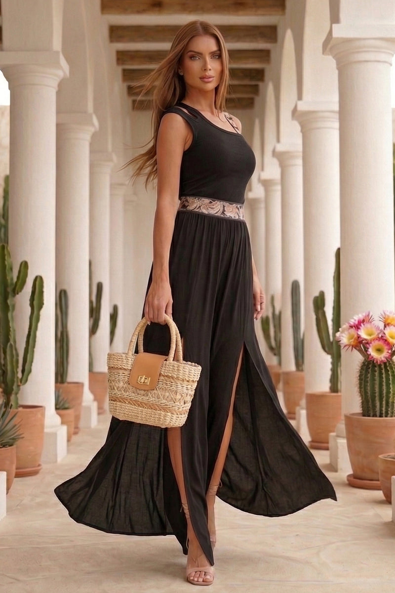 BLACK VISCOSE PANTS WITH ELASTIC WAIST IN BAROQUE PEARL AND SLITS - ESSENTIALS JIORO ЧЕРЕН ПАНТАЛОН ОТ ВИСКОЗА С ЛАСТИК В ТАЛИЯТА BAROQUE PEARL – ESSENTIALS JIORO