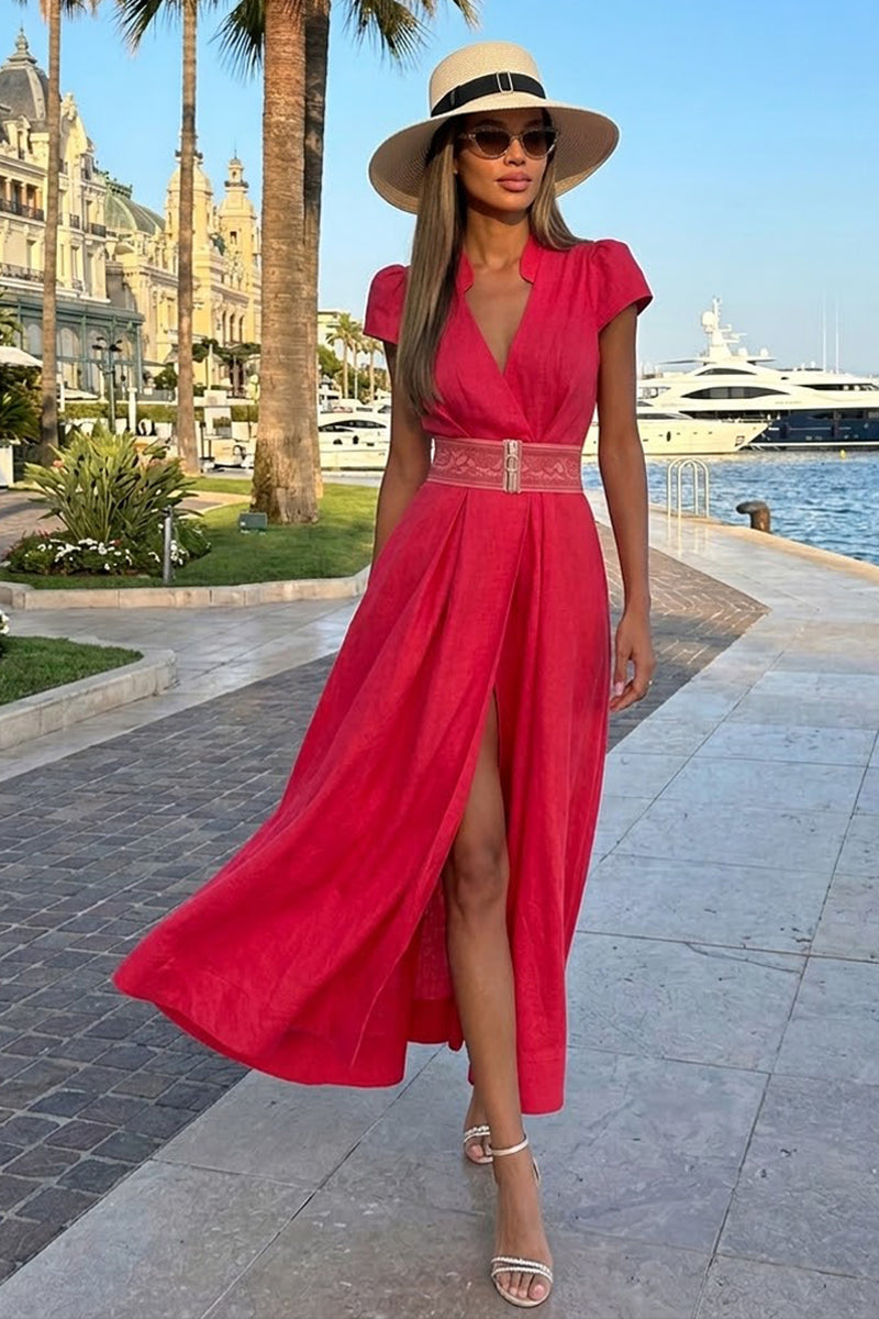 LONG FLARED LINEN DRESS IN FUCHSIA - ESSENTIALS