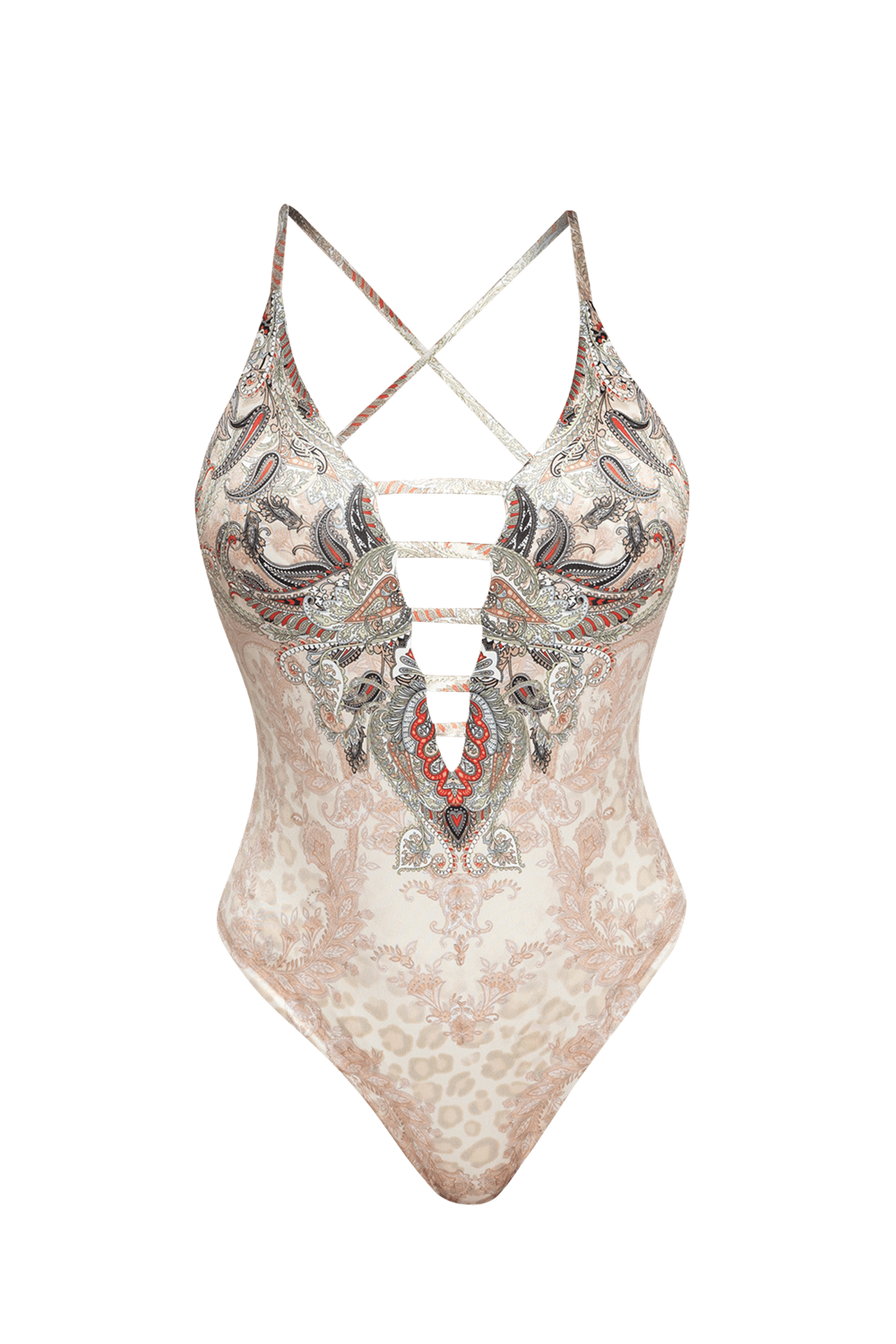 ONE-PIECE DEEP V-NECK SWIMSUIT – PAISLEY BEIGE