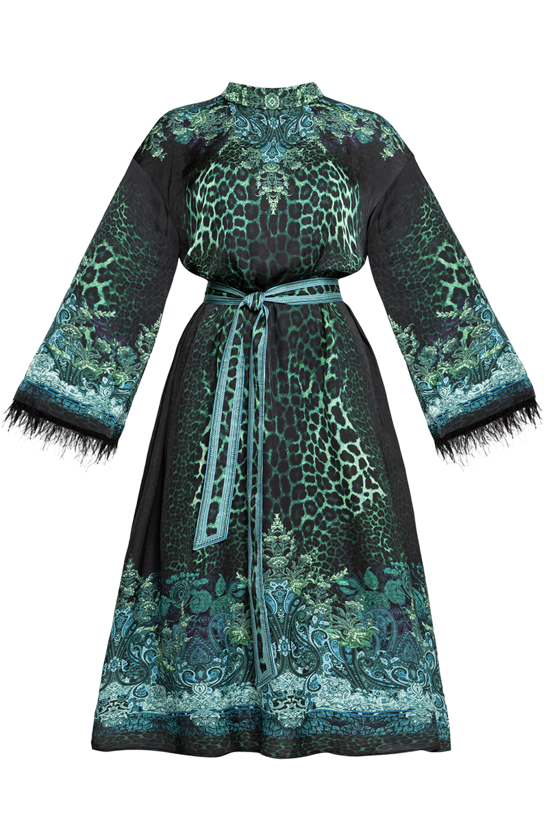 VISCOSE CAFTAN WITH FEATHERS - LEO NEON GREEN JIORO КАФТАН ОТ ВИСКОЗА С ПЕРА - LEO NEON GREEN JIORO