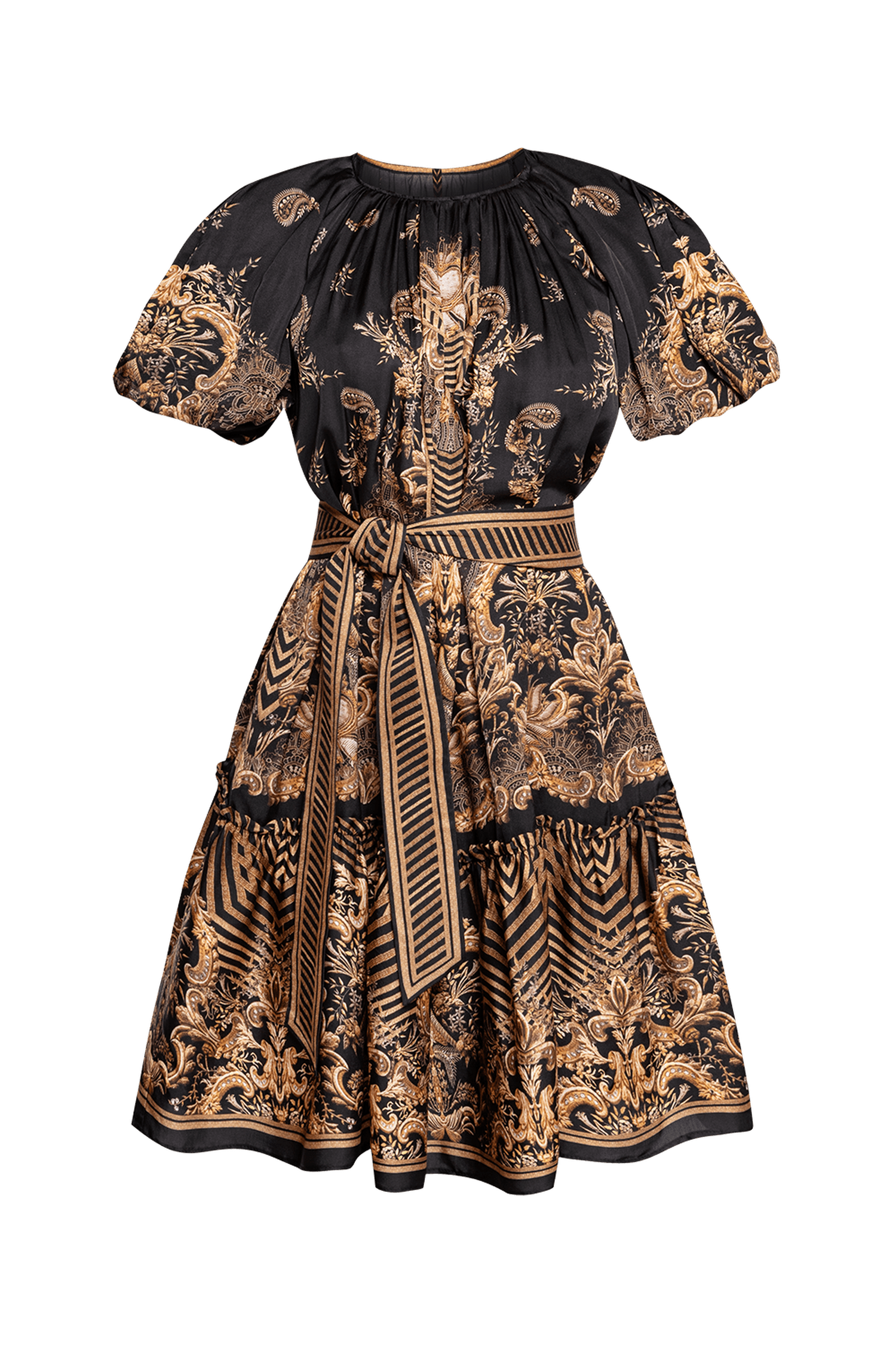 VISCOSE SATIN DRESS WITH PUFF SLEEVES - GOLDEN STRIPES