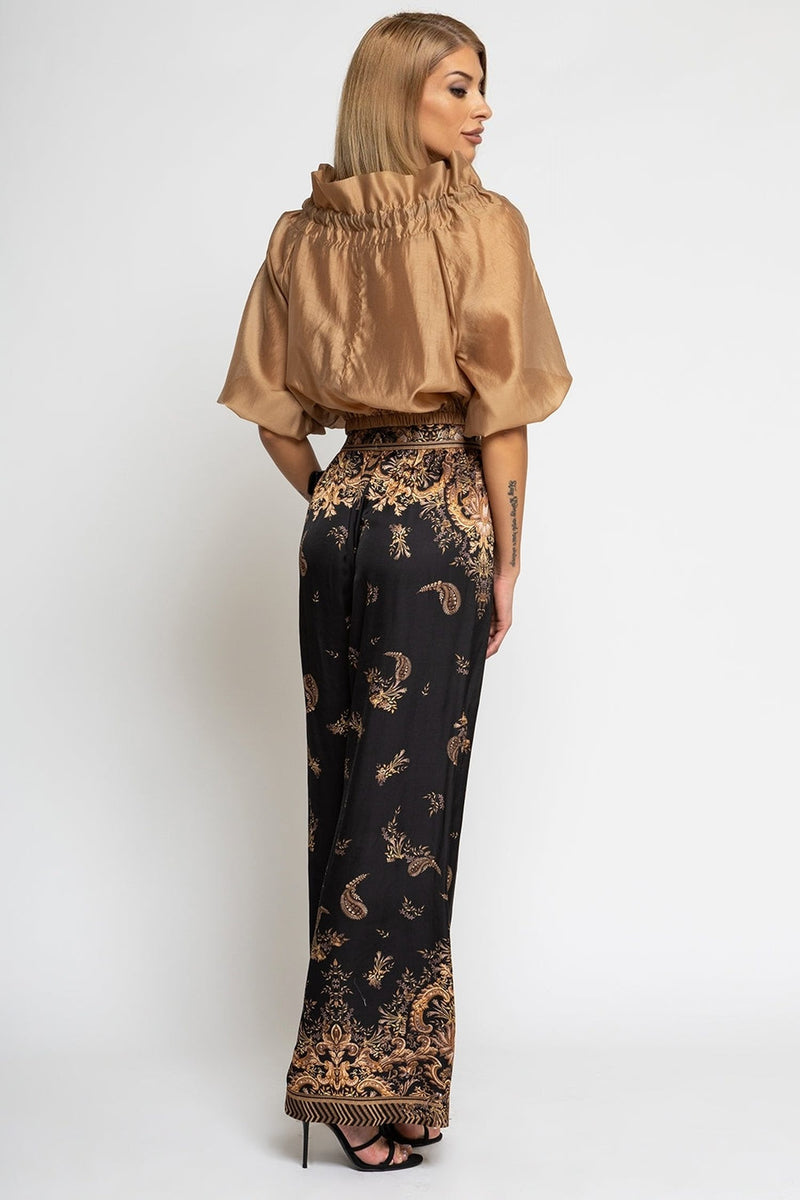 VISCOSE SATIN WIDE-LEG TROUSERS WITH ELASTIC WAIST - GOLDEN STRIPES JIORO СВОБОДЕН ПАНТАЛОН ОТ ЛЪСКАВА ВИСКОЗА - GOLDEN STRIPES JIORO