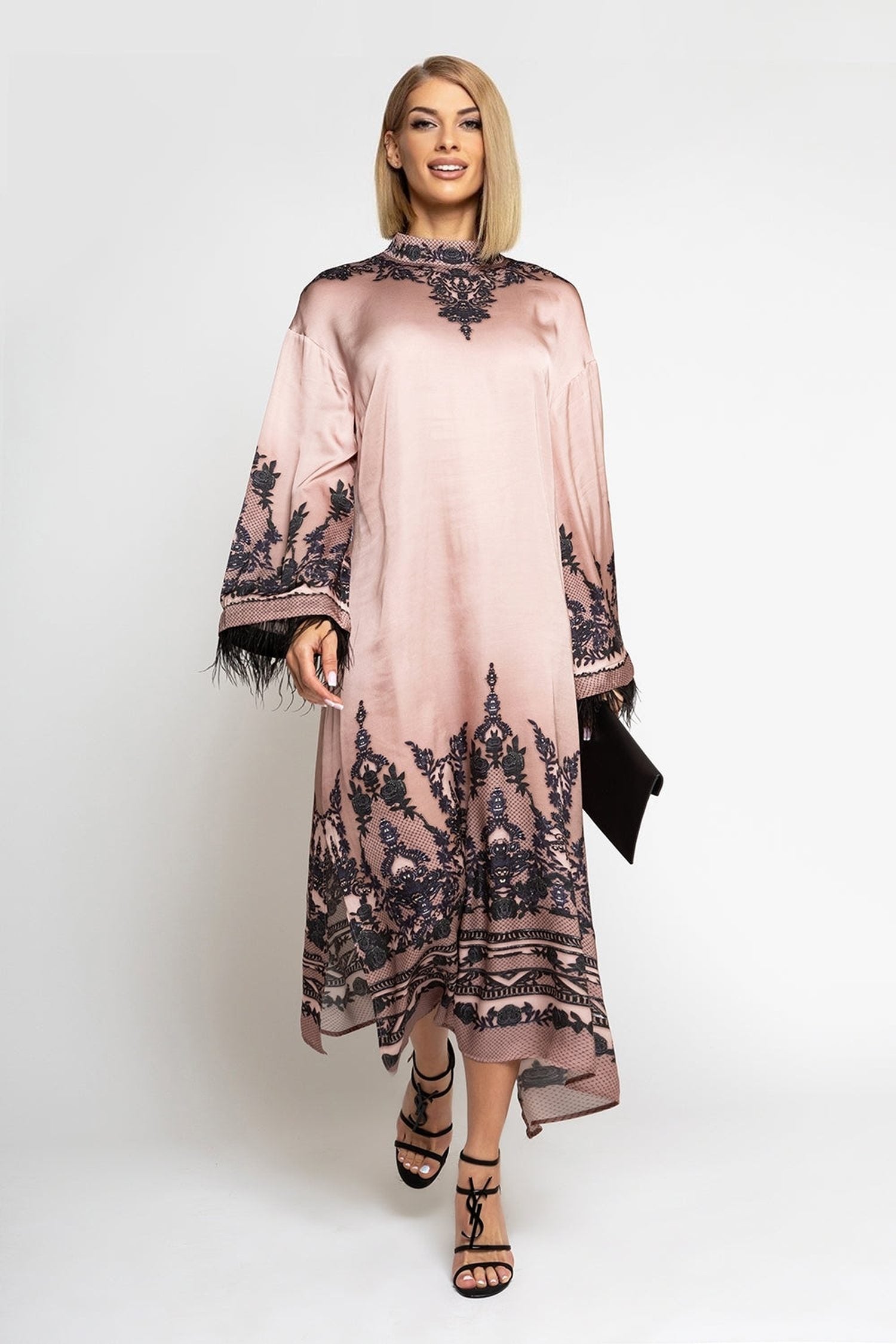 VISCOSE SATIN CAFTAN WITH FEATHERS - GRAFFITI POWDER