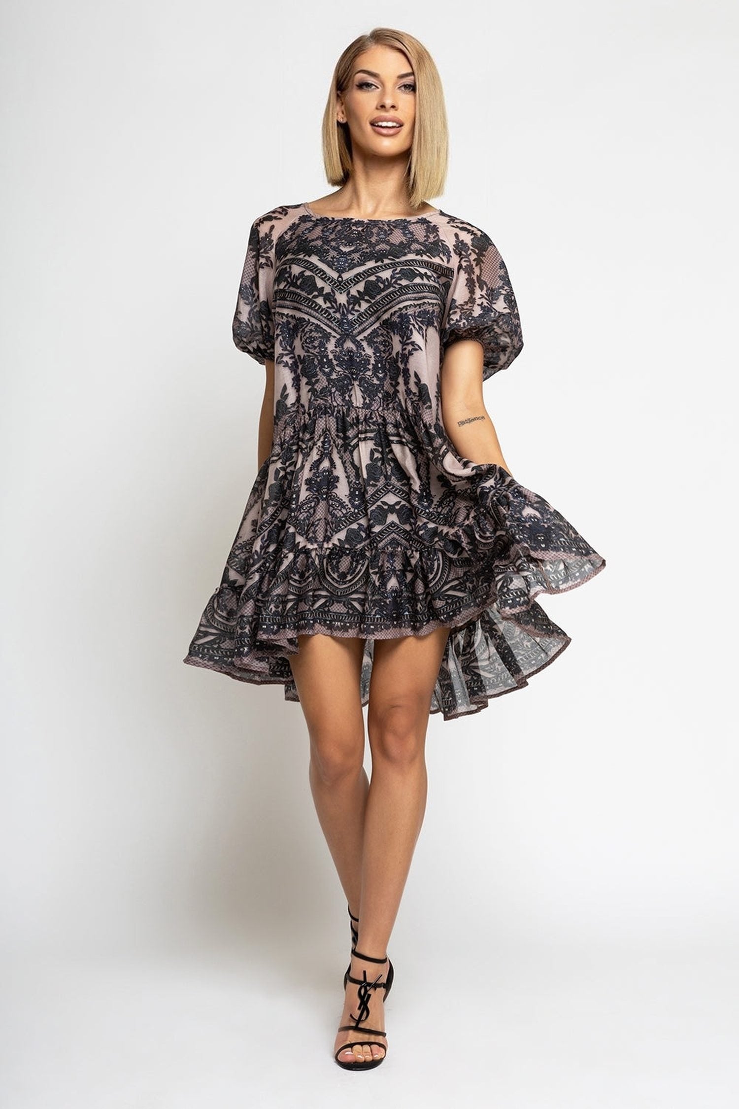 SILK VISCOSE DRESS WITH RUFFLE - GRAFFITI POWDER